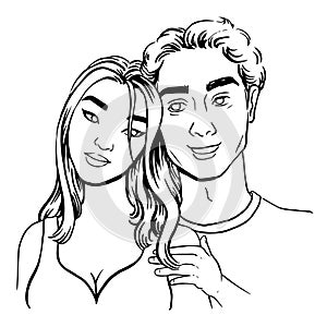 Interracial couple ÃÂ¡aucasian man hugs Asian woman, hand drawn line art sketch