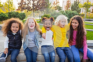 Interracial group of kids, girls and boys playing together at the park in summer day