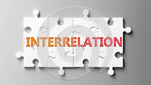 Interrelation complex like a puzzle - pictured as word Interrelation on a puzzle pieces to show that Interrelation can be