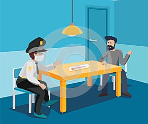 Interrogation room with a policeman and a sick coronavirus quarantine violator. Questioning  infected, without a mask, ban on photo