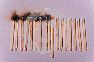 Interrupted row of burned matches