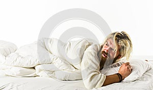 Interrupted sleep. Sleep concept. Regularly sleeping more than suggested amount may increase risk of obesity headache