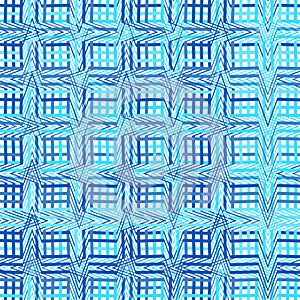 Intersected, interweaved irregular lines, stripes blue grid pattern. Interlocking, weaved curvy and jagged lines, stripes. Tweaked