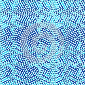 Intersected, interweaved irregular lines, stripes blue grid pattern. Interlocking, weaved curvy and jagged lines, stripes. Tweaked