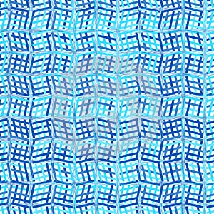 Intersected, interweaved irregular lines, stripes blue grid pattern. Interlocking, weaved curvy and jagged lines, stripes. Tweaked