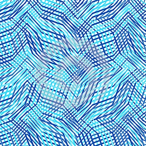 Intersected, interweaved irregular lines, stripes blue grid pattern. Interlocking, weaved curvy and jagged lines, stripes. Tweaked