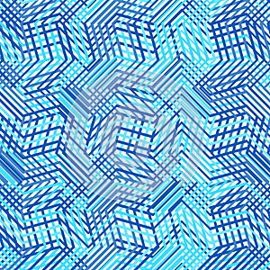 Intersected, interweaved irregular lines, stripes blue grid pattern. Interlocking, weaved curvy and jagged lines, stripes. Tweaked