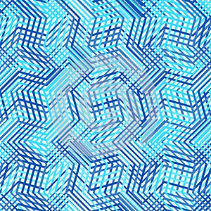 Intersected, interweaved irregular lines, stripes blue grid pattern. Interlocking, weaved curvy and jagged lines, stripes. Tweaked