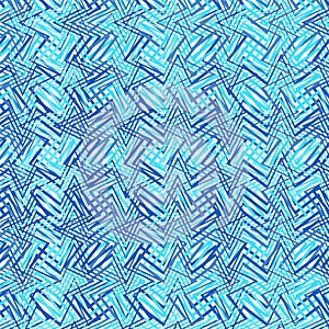 Intersected, interweaved irregular lines, stripes blue grid pattern. Interlocking, weaved curvy and jagged lines, stripes. Tweaked