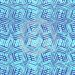 Intersected, interweaved irregular lines, stripes blue grid pattern. Interlocking, weaved curvy and jagged lines, stripes. Tweaked