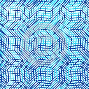 Intersected, interweaved irregular lines, stripes blue grid pattern. Interlocking, weaved curvy and jagged lines, stripes. Tweaked