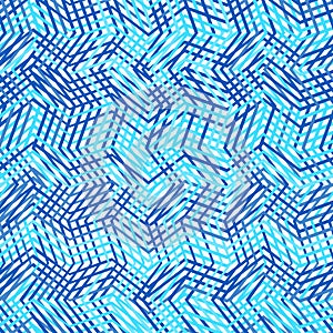 Intersected, interweaved irregular lines, stripes blue grid pattern. Interlocking, weaved curvy and jagged lines, stripes. Tweaked