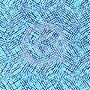 Intersected, interweaved irregular lines, stripes blue grid pattern. Interlocking, weaved curvy and jagged lines, stripes. Tweaked