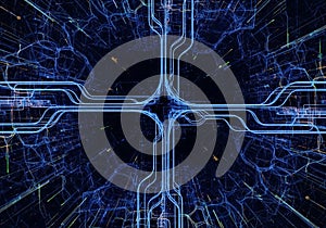 Intersecting blue lines form a complex network against a dark background. Resembling a digital