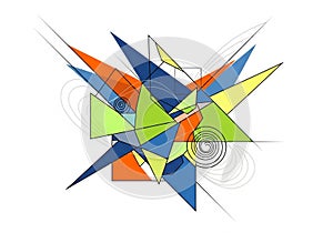 Intersecting lines and swirling black spirals add complexity