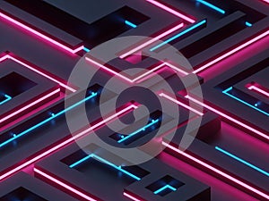 Intersecting neon lights in dark grid