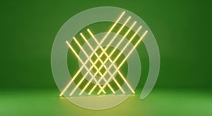 Intersecting Neon Yellow Light Beams on Green Background, Modern Art Installation