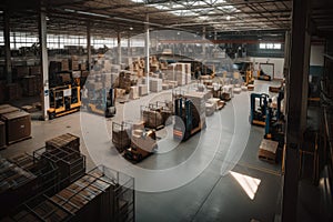 intersection of busy warehouse, with material handling and palletizing robots moving products in every direction