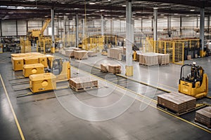 intersection of busy warehouse, with material handling and palletizing robots moving products in every direction