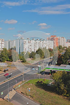 Intersection, fuel station and houses. Kazan, Russia