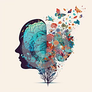 Intersection of Human Brain, Flowers, and Butterflies: Embracing Mental Health, Self-Care, Positive Thinking, and Creativity.