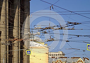 The intersection of several tram and trolleybus wires. Crossroad