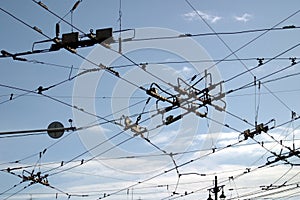 The intersection of several tram and trolleybus wires. Crossroad. 3