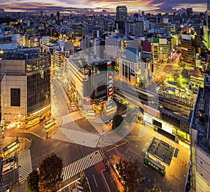 Intersection at Shibuya Station and walking street in Tokyo