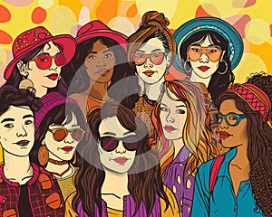 Intersectional Feminism Depict a vector illustration representing intersectional feminism, with women from diverse backgrounds and