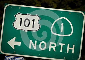 Interstate 101 and PCH highway sign from California