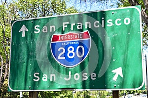 Interstate 280 highway road sign showing drivers the directions to San Francisco and San Jose in Silicon Valley