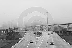 Interstate 45 in fog, in Houston, Texas