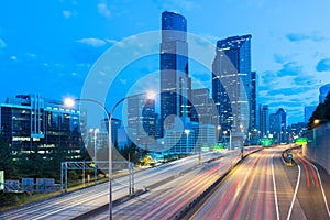 Interstate 5 and downtown at dawn in Seattle