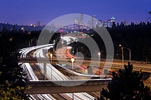 Interstate 5 and downtown skyline of Seattle at night