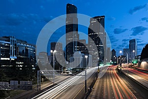 Interstate 5 and Seattle downtown city skyline at dawn