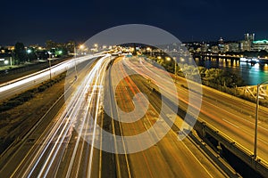 Interstate Freeway Light Trails Through Portland Oregon