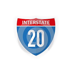 Interstate highway 20 road sign icon isolated on white background. Vector illustration.
