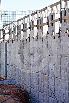 Interstate highway retaining wall under construction