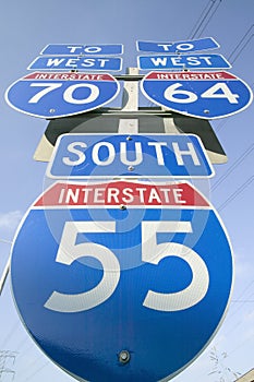 Interstate highway signs show the intersection of Interstate 70, 64 and 55 in East St. Louis near St. Louis, Missouri