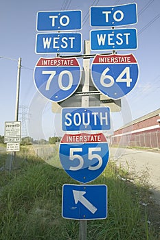 Interstate highway signs show the intersection of Interstate 70, 64 and 55 in East St. Louis near St. Louis, Missouri