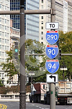 Interstate signs in city center.