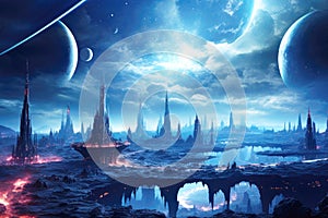 Interstellar fantasia: breathtaking alien planet landscape photo
