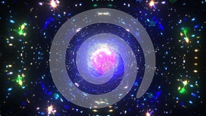 Interstellar flight, time travel jump in purple blue star hyper space tunnel.