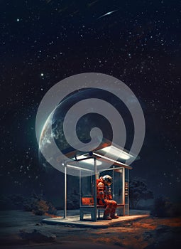 Interstellar traveller awaiting a bus under unfamiliar night sky of alien planet, sci-fi concept, generative AI