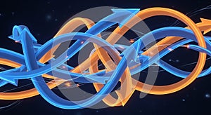 Intertwined arrows in orange and blue on a dark background