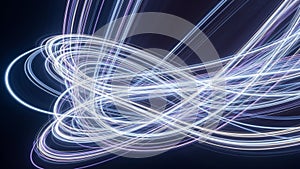 Intertwined light trails create dynamic patterns against a dark background