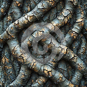 Intertwined Tree Trunks with Weathered Bark, Close-Up