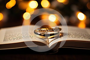 Intertwined Wedding Rings Rest upon a Bible with a Golden Bokeh Background. created with Generative AI