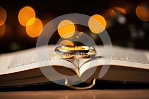 Intertwined Wedding Rings Rest upon a Bible with a Golden Bokeh Background. created with Generative AI