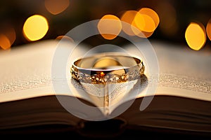 Intertwined Wedding Rings Rest upon a Bible with a Golden Bokeh Background. created with Generative AI